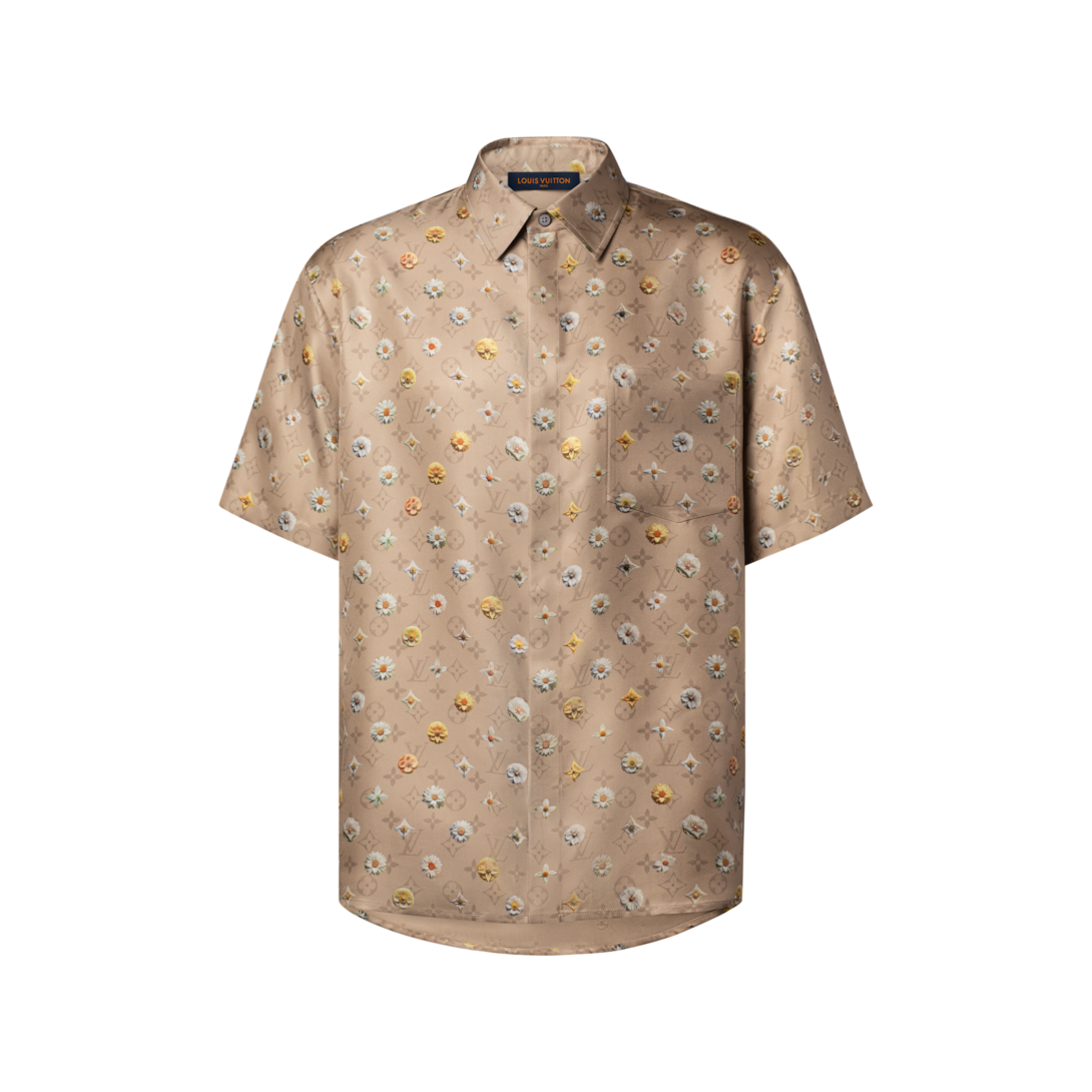 Camisa de Seda com Padronagem de Monogram e Manga Curta - Ready-to